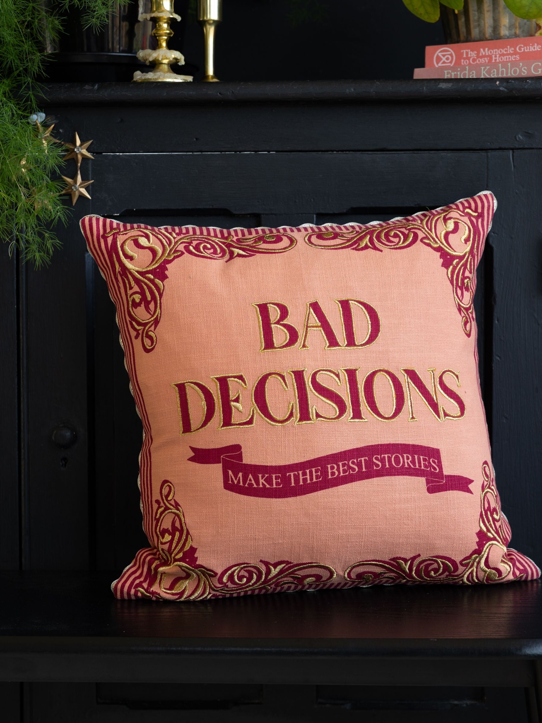 Rockett St George pink embroidered Bad Decisions slogan cushion 45cm (British brand)
