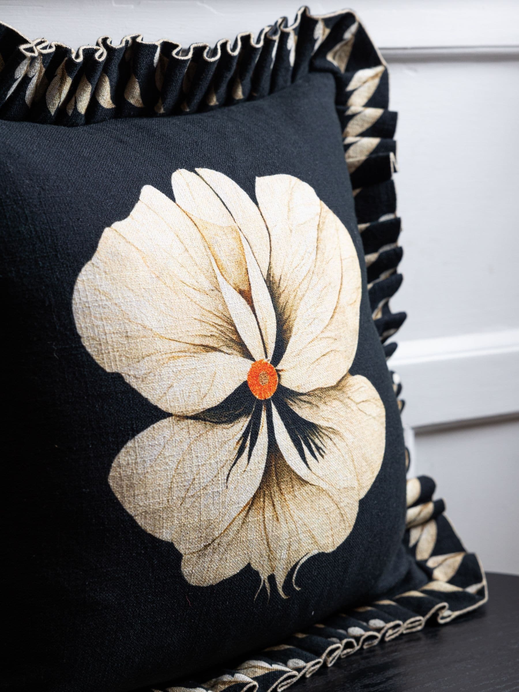 Rockett St George black floral pleated frill cushion, UK version