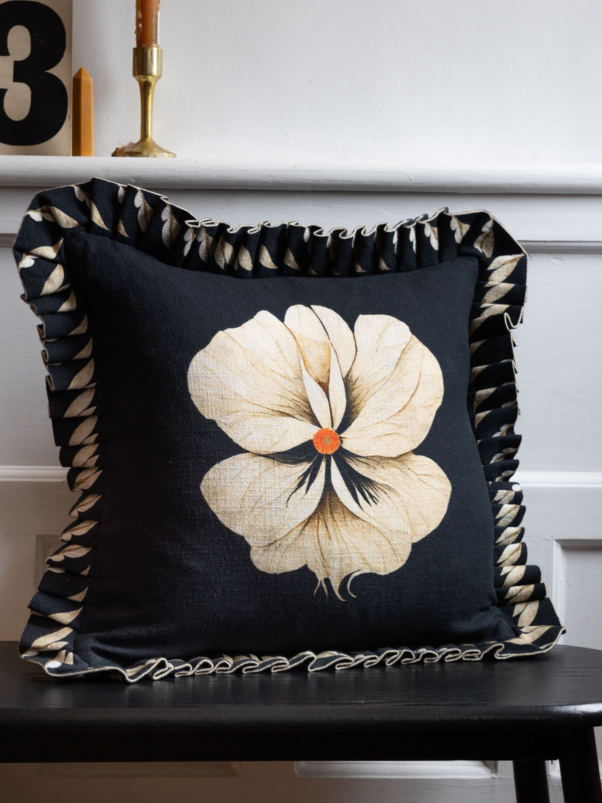 Rockett St George black floral pleated frill cushion, UK version