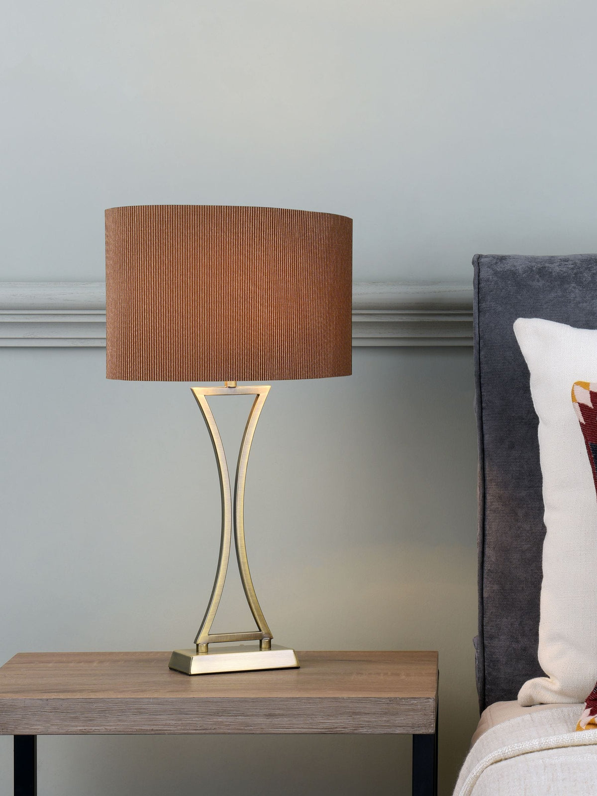 Dar Lighting Oporto table lamp antique brass and brown shade, UK version