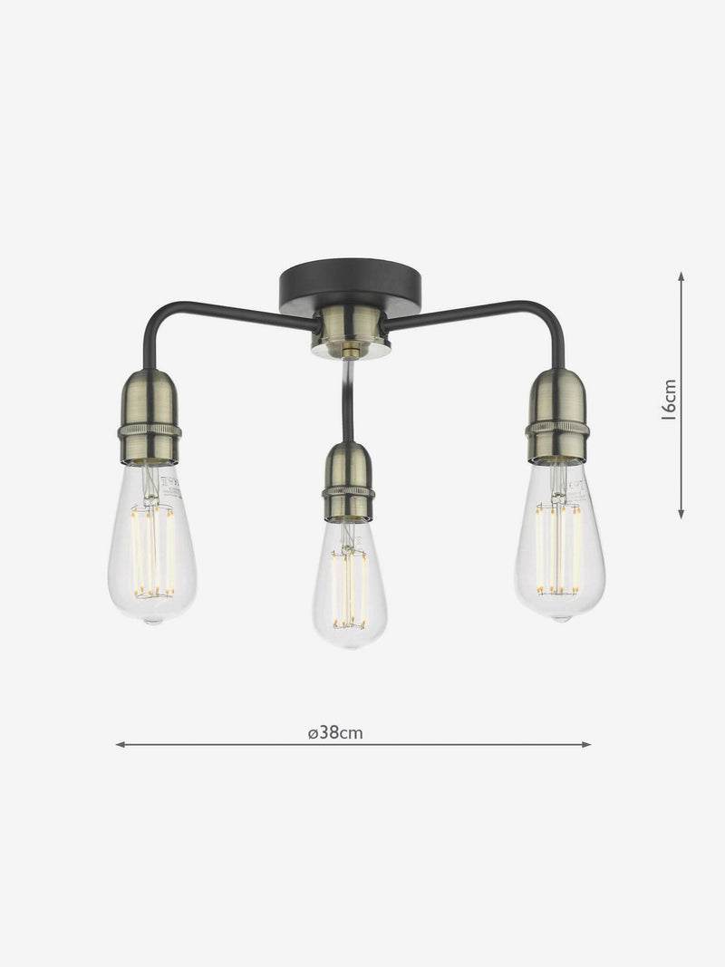 Dar Lighting black Kiefer 3-light flush ceiling light H16cm - British product