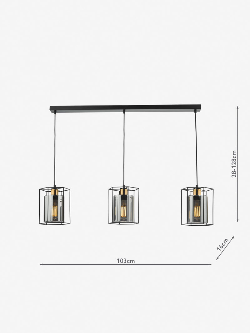 Dar Lighting Black Tatum 3 light bar pendant, imported from the UK