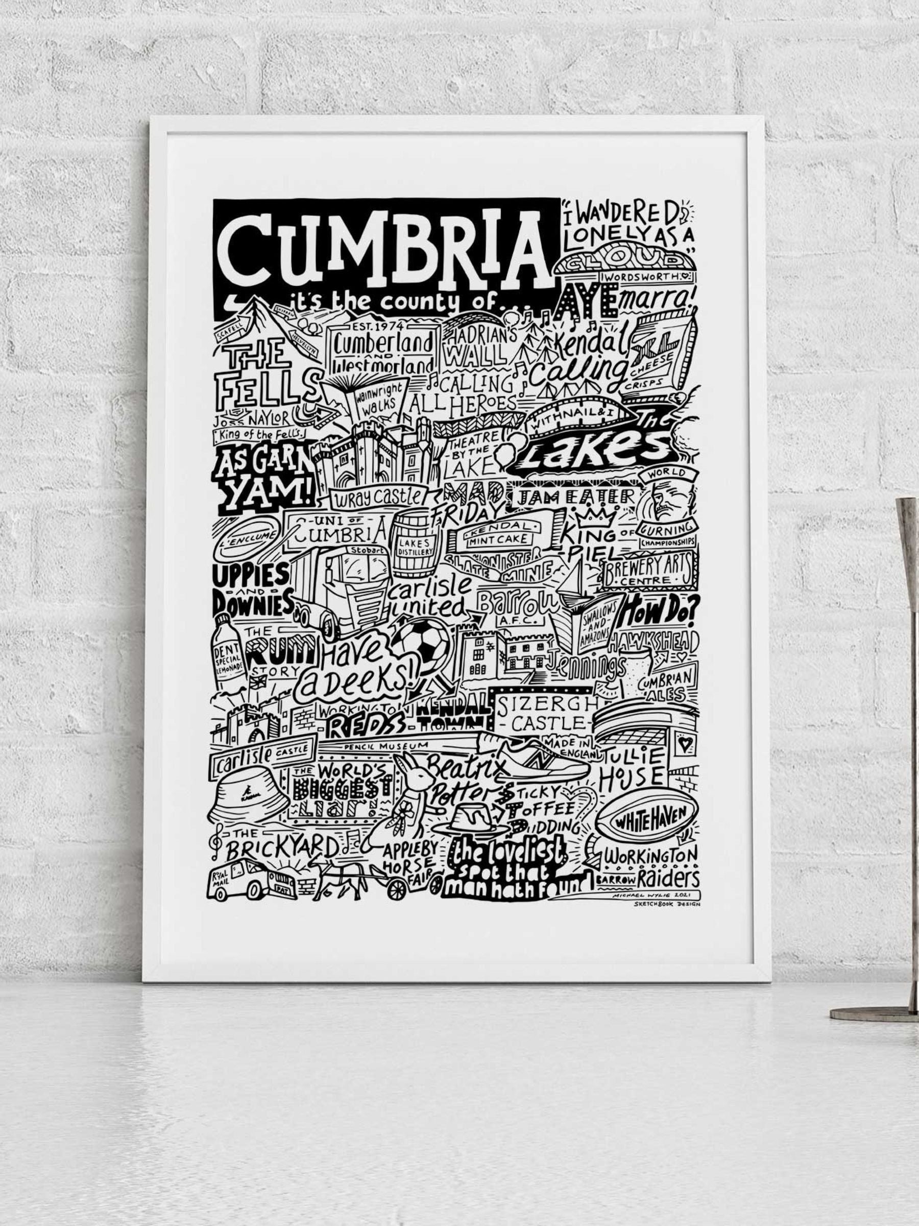 Sketchbook Design Cumbria landmarks wall art print A4 frame - British product