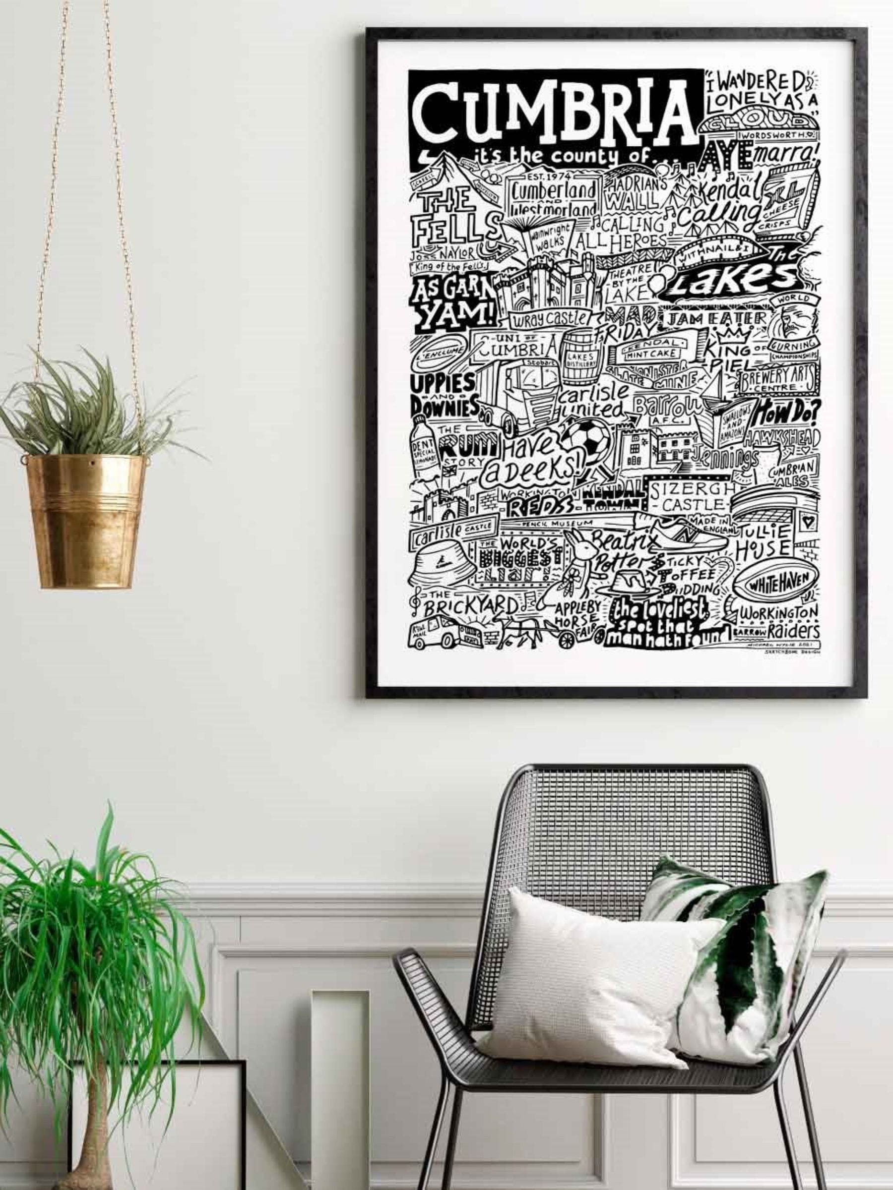 Sketchbook Design Cumbria landmarks wall art print A4 frame - British product