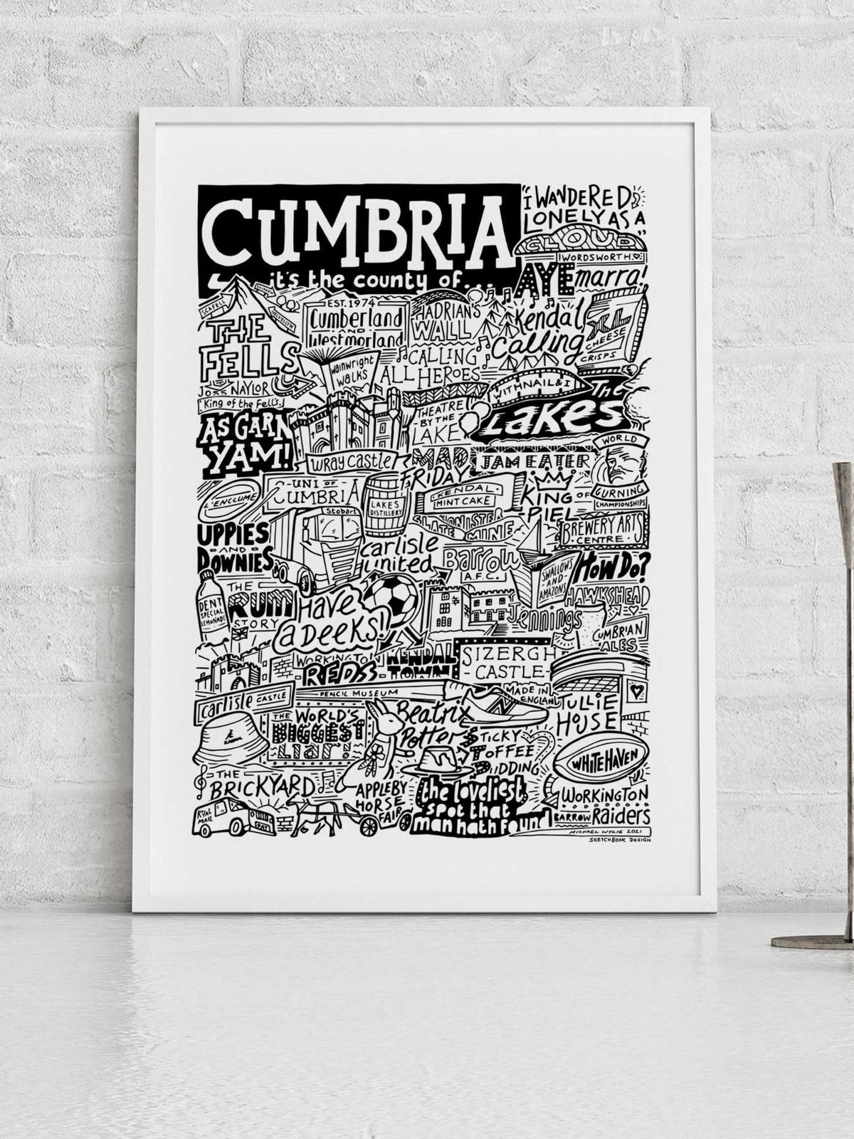 Sketchbook Design Cumbria landmarks wall art print A4 frame - British product