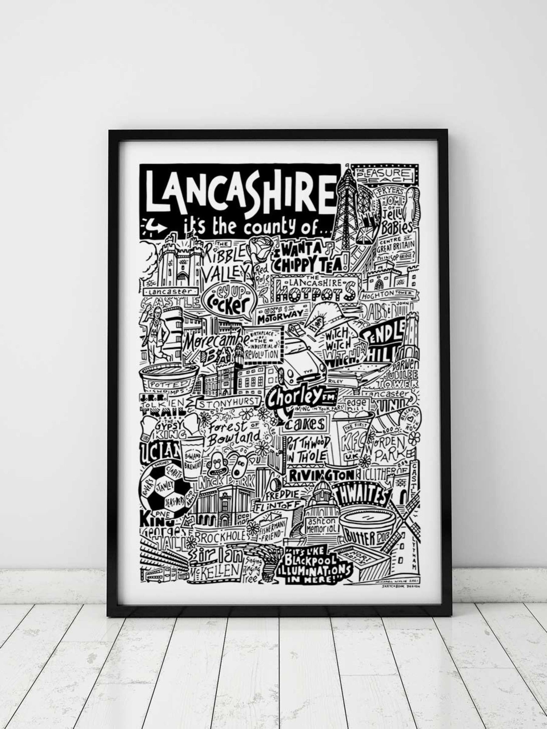 Sketchbook Design Lancashire landmarks framed wall art print A4 (British brand)