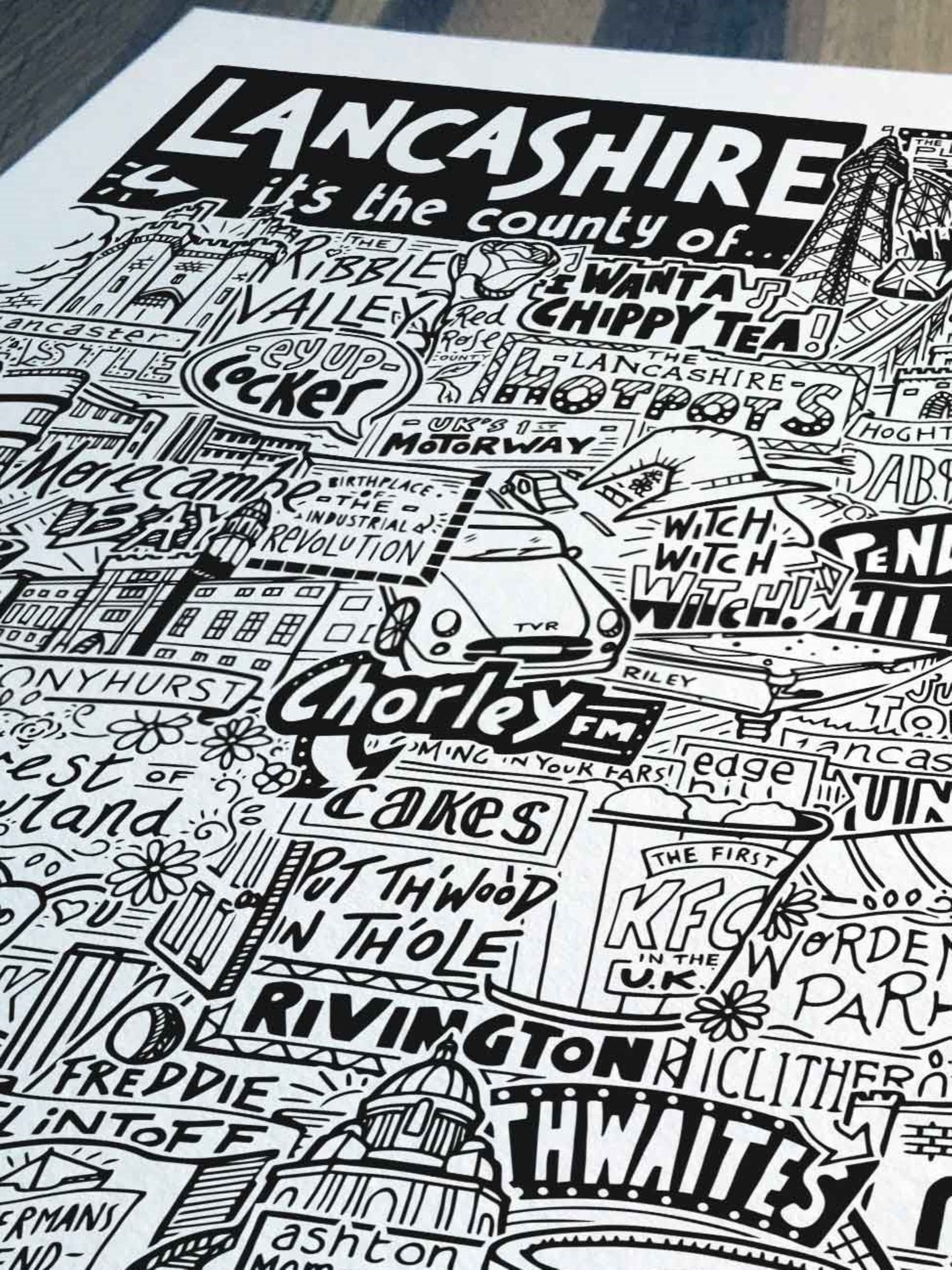 Sketchbook Design Lancashire landmarks framed wall art print A4 (British brand)
