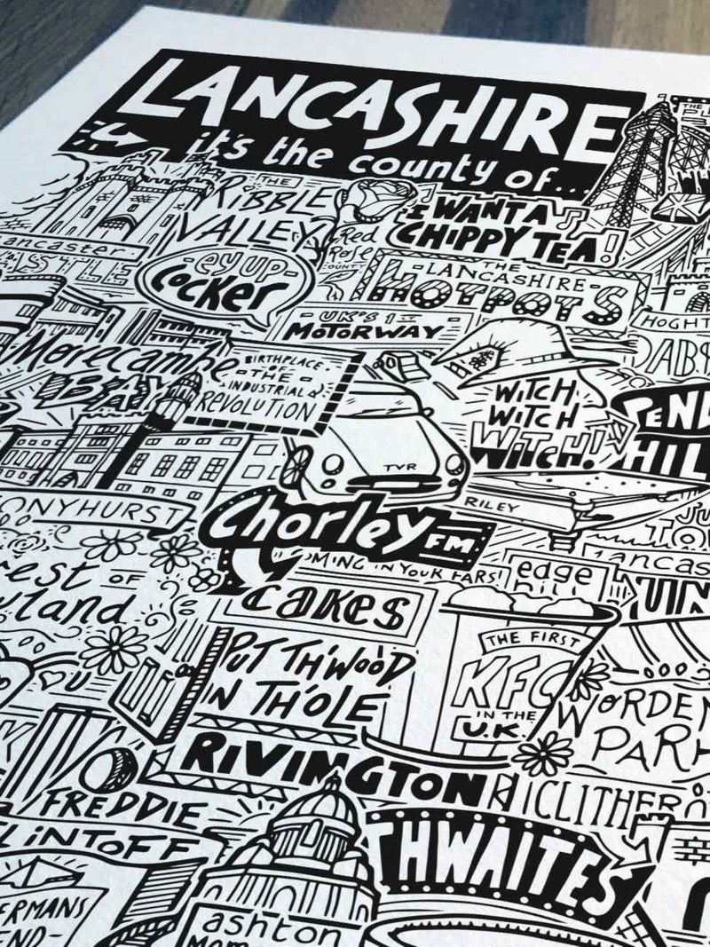 Sketchbook Design Lancashire landmarks framed wall art print A4 (British brand)
