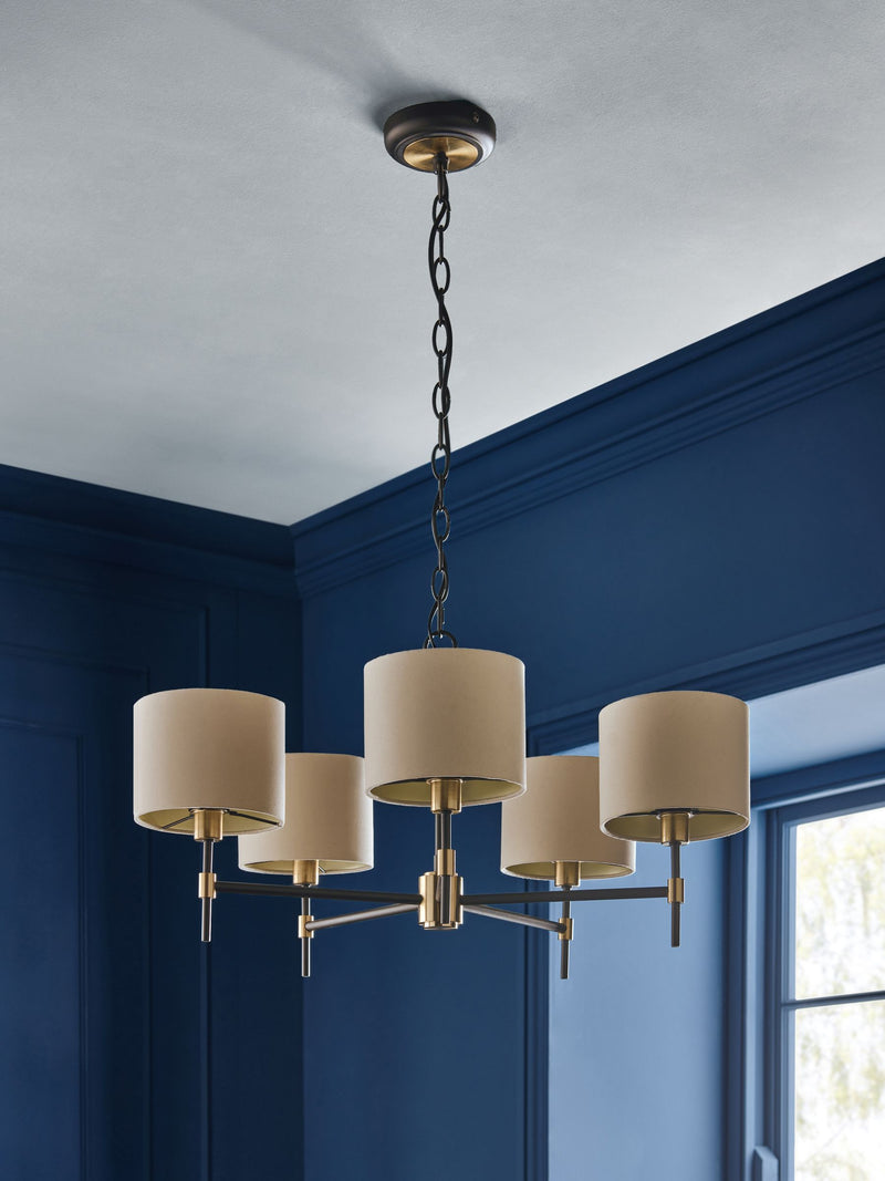Black Hudson 5-light chandelier with brass accents, imported from the UK