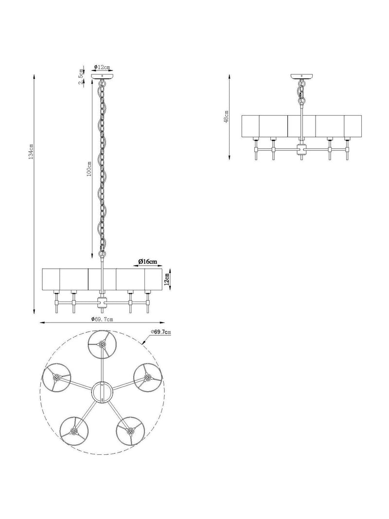 Black Hudson 5-light chandelier with brass accents, imported from the UK