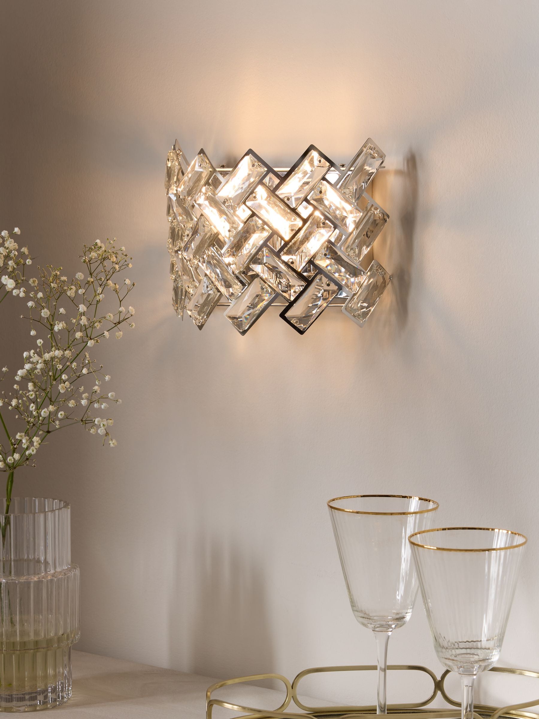 Chrome Wentworth wall light with glass crystals, UK version