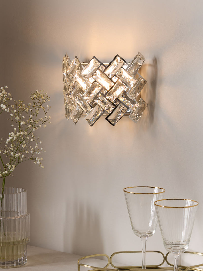 Chrome Wentworth wall light with glass crystals, UK version