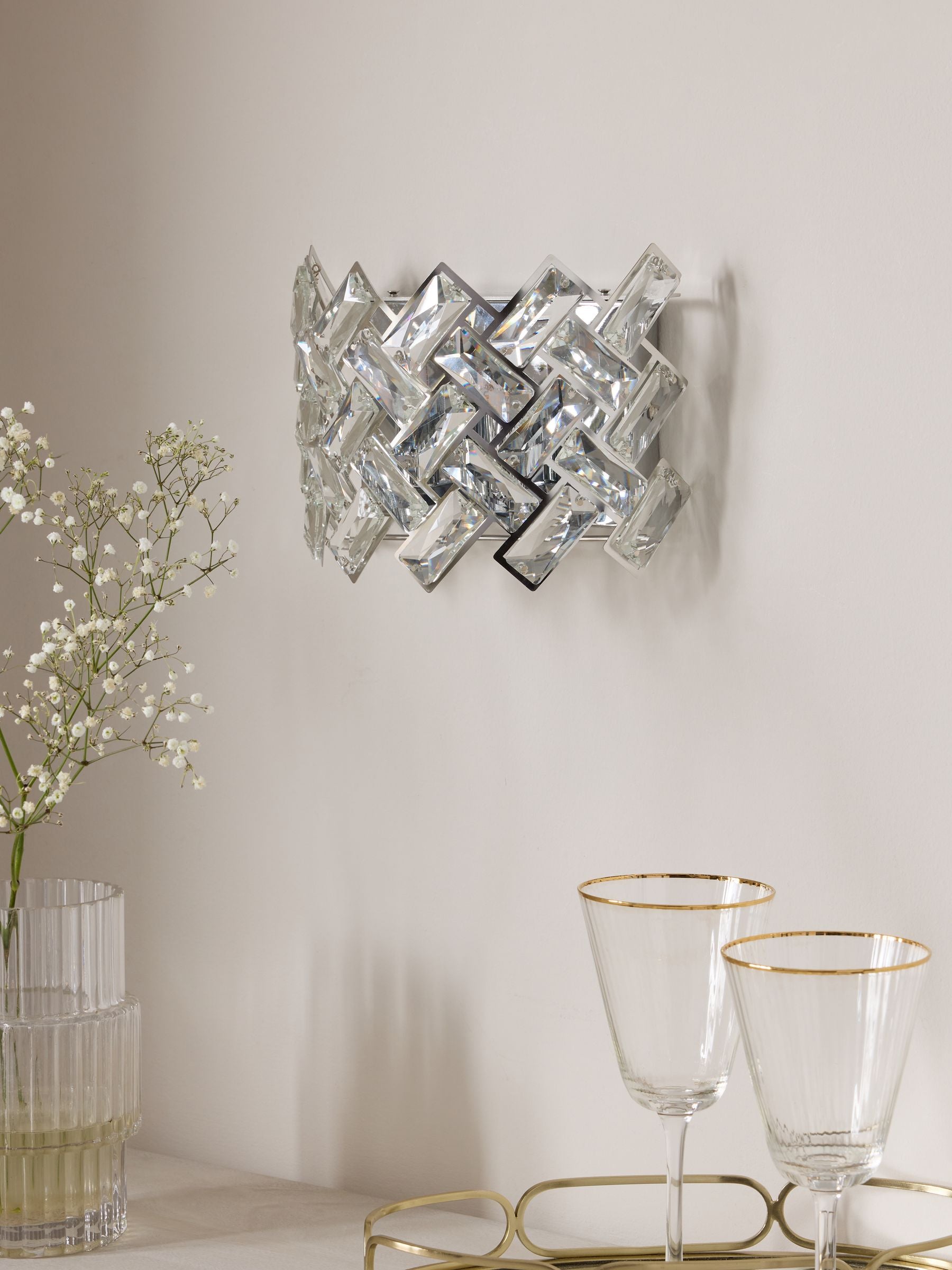 Chrome Wentworth wall light with glass crystals, UK version