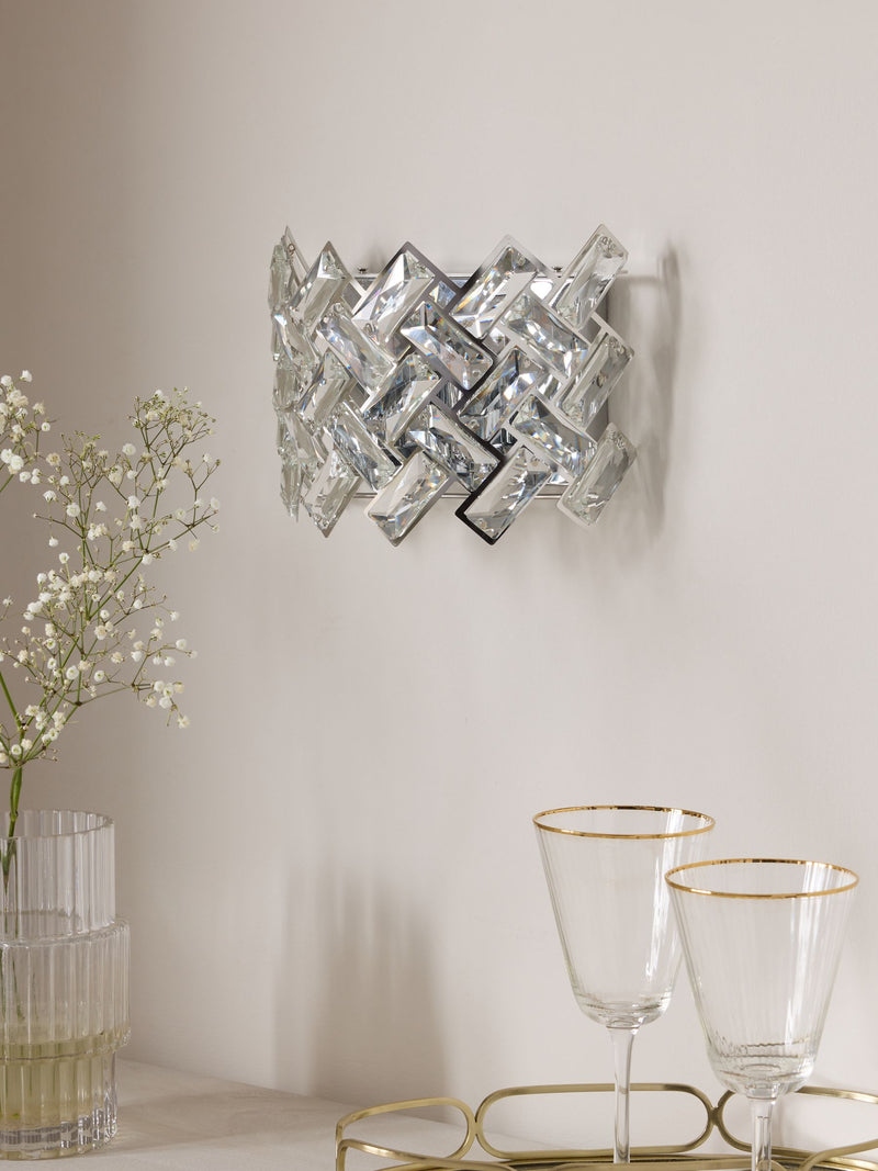 Chrome Wentworth wall light with glass crystals, UK version