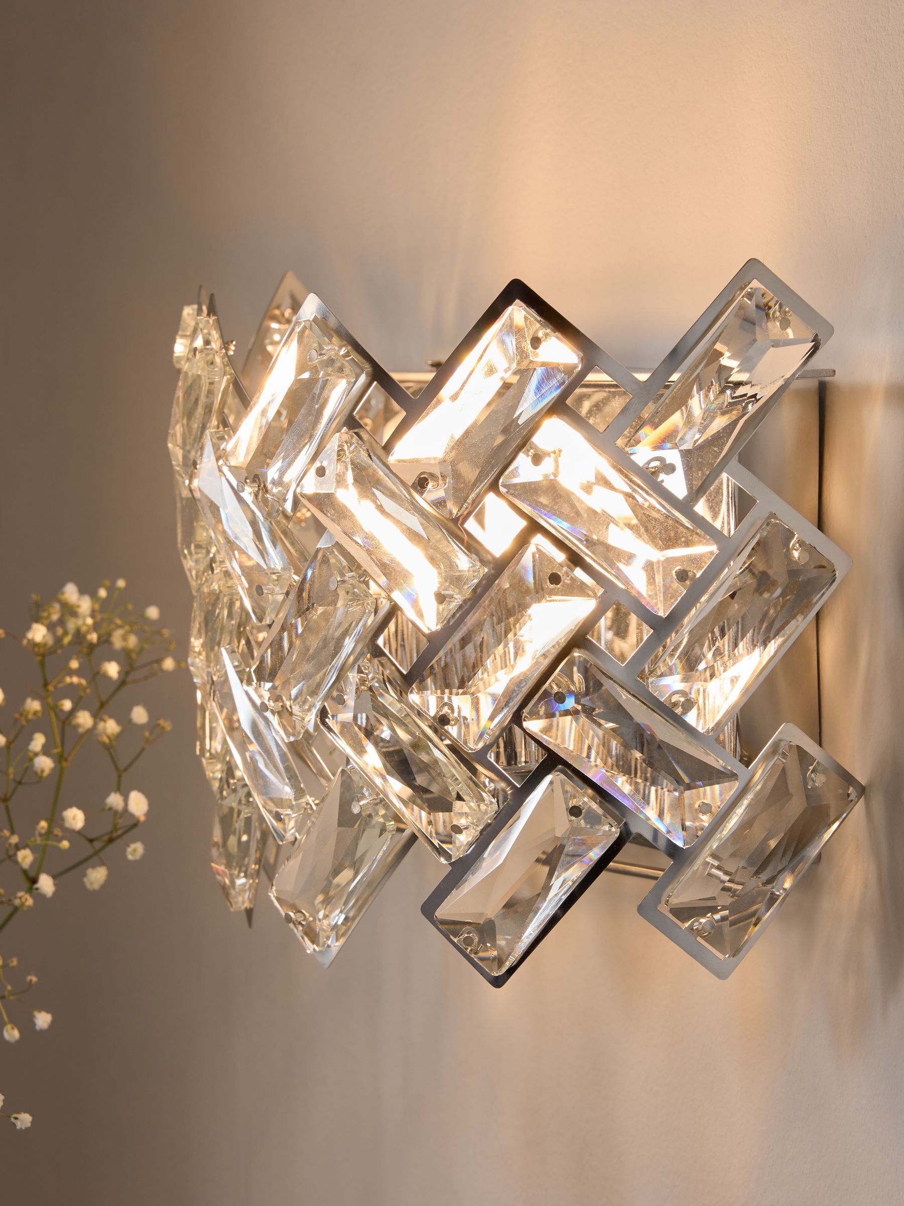 Chrome Wentworth wall light with glass crystals, UK version