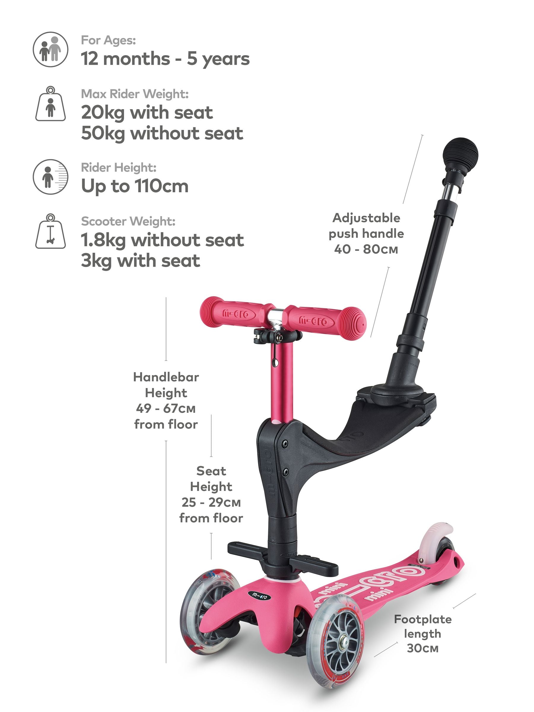 Micro Scooters pink mini ride-on scooter 3-in-1 - British product