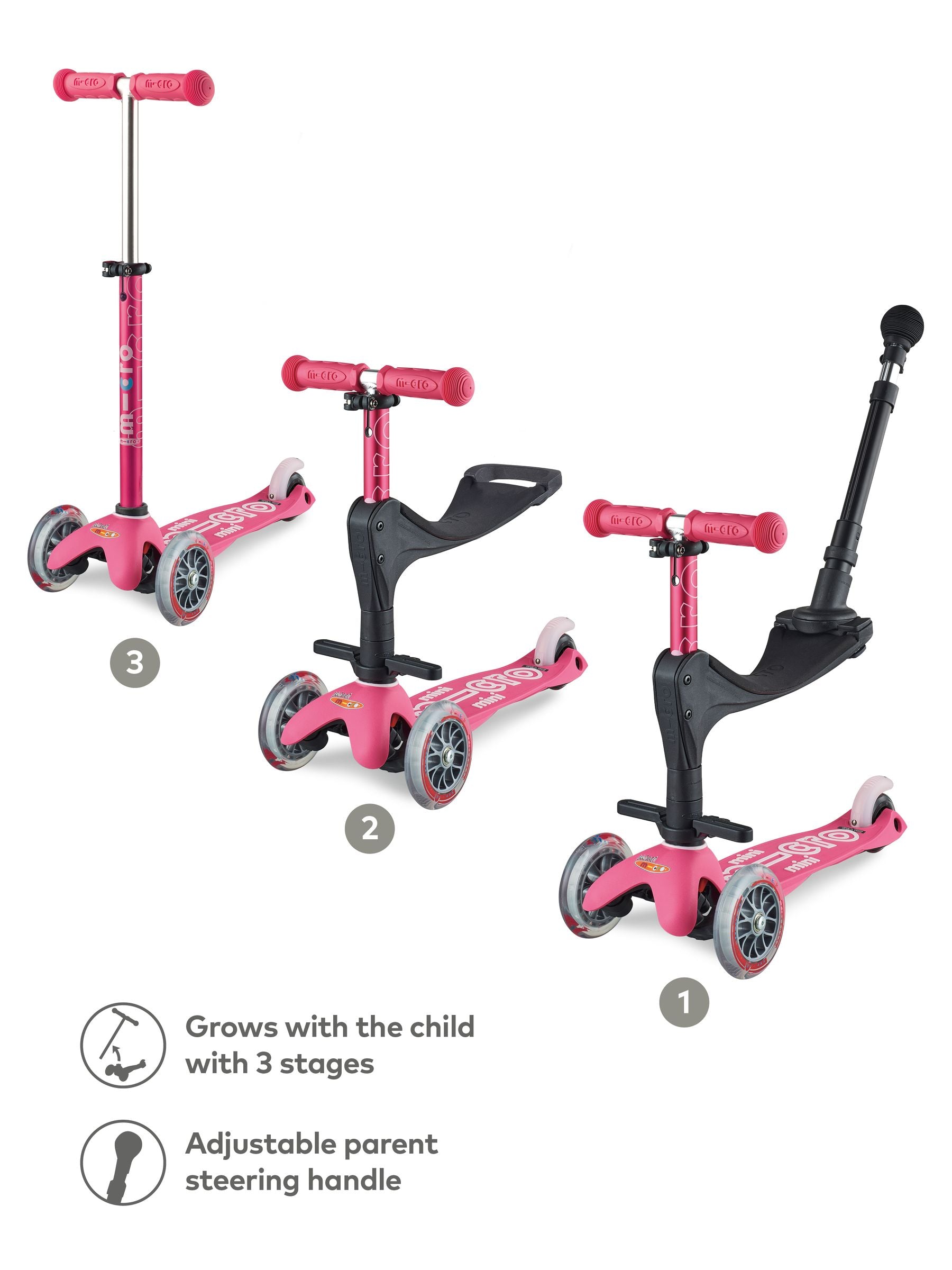 Micro Scooters pink mini ride-on scooter 3-in-1 - British product