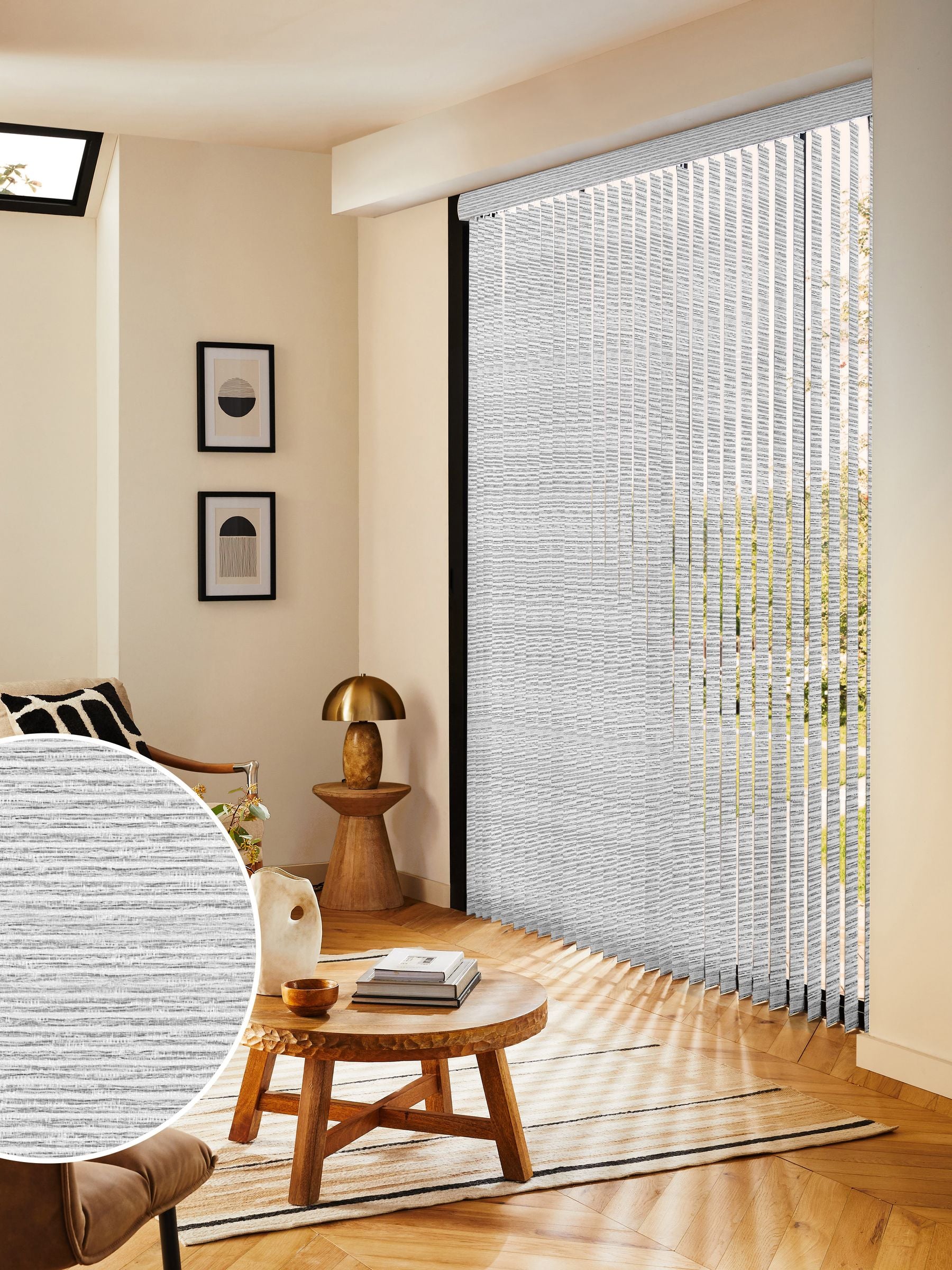 Grey Sether blackout vertical blind, imported from the UK