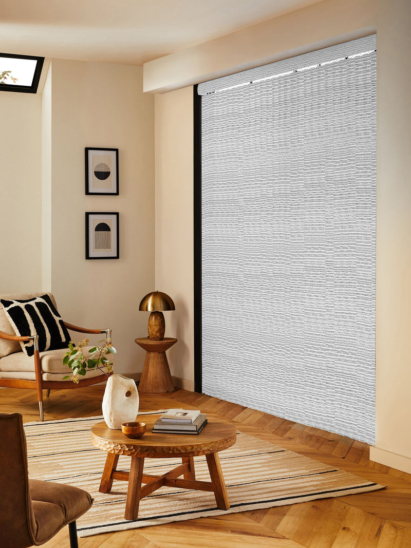 Grey Sether blackout vertical blind, imported from the UK