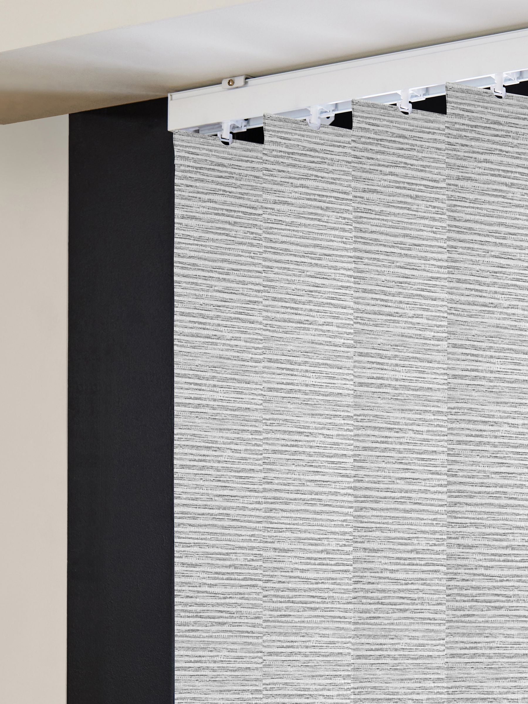 Grey Sether blackout vertical blind, imported from the UK