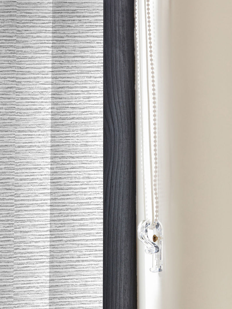 Grey Sether blackout vertical blind, imported from the UK