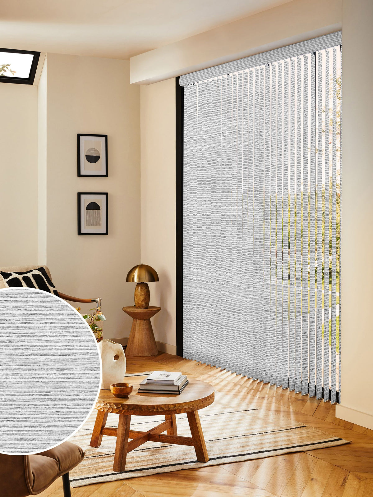 Grey Sether blackout vertical blind, imported from the UK
