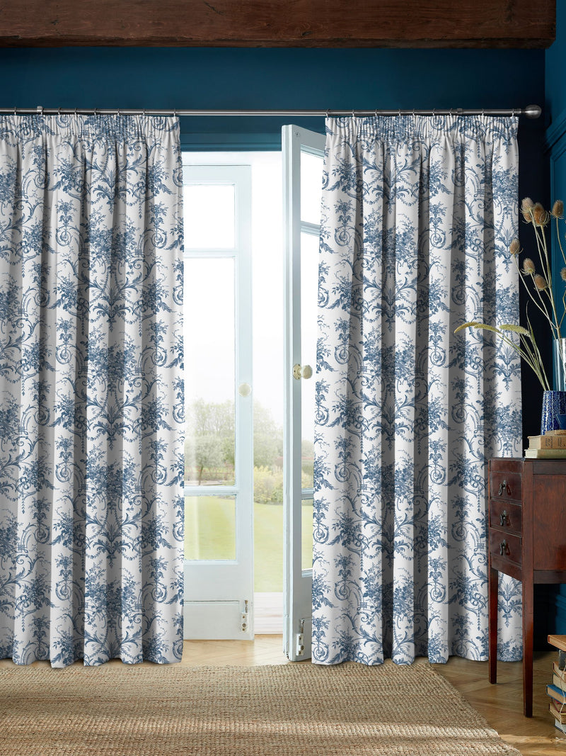 Laura Ashley Blue Tuileries pencil pleat curtains, imported from the UK