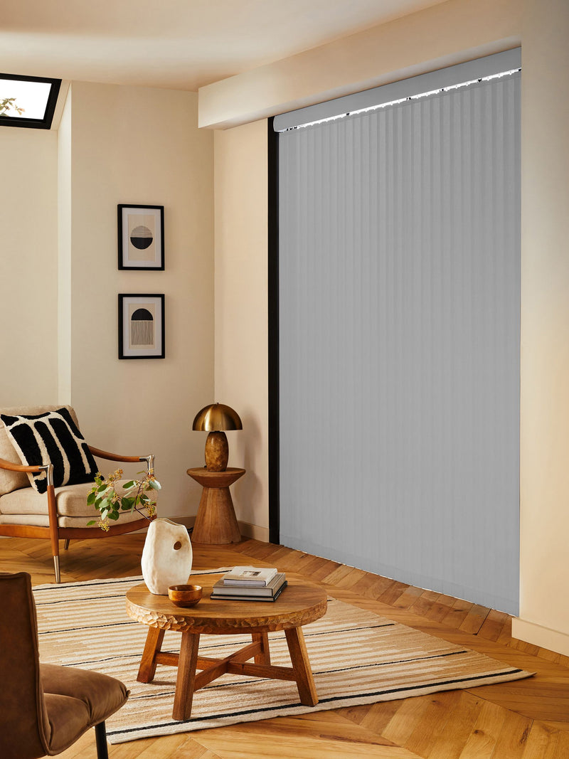 Grey Picce blackout vertical blinds made to measure, imported from the UK
