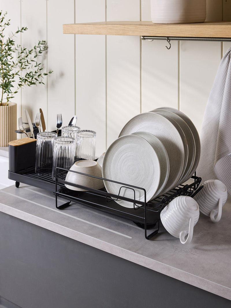 Black extendable drainer with cutlery holder - British product