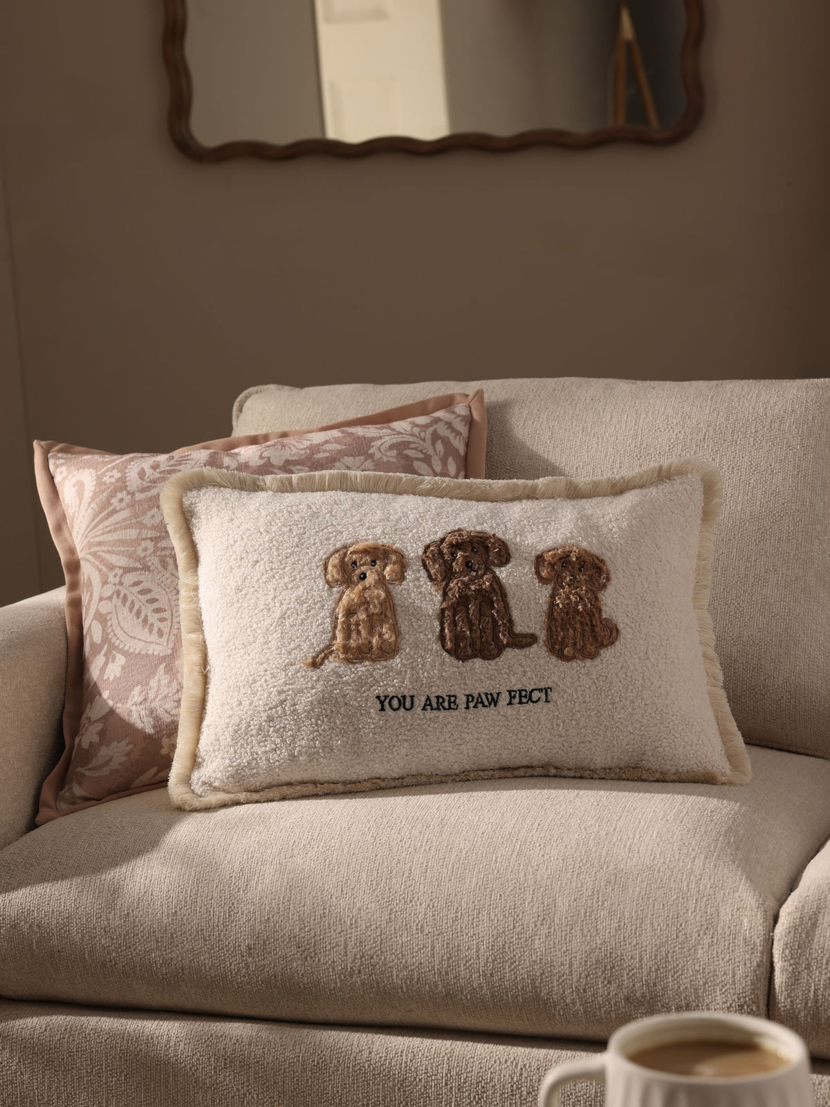 Natural embroidered Charlie cockapoo cushion 50x30cm, UK version