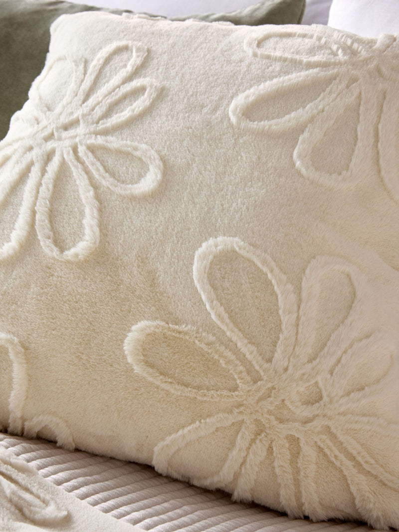 Cream faux fur daisy cushion 50x50cm, imported from the UK