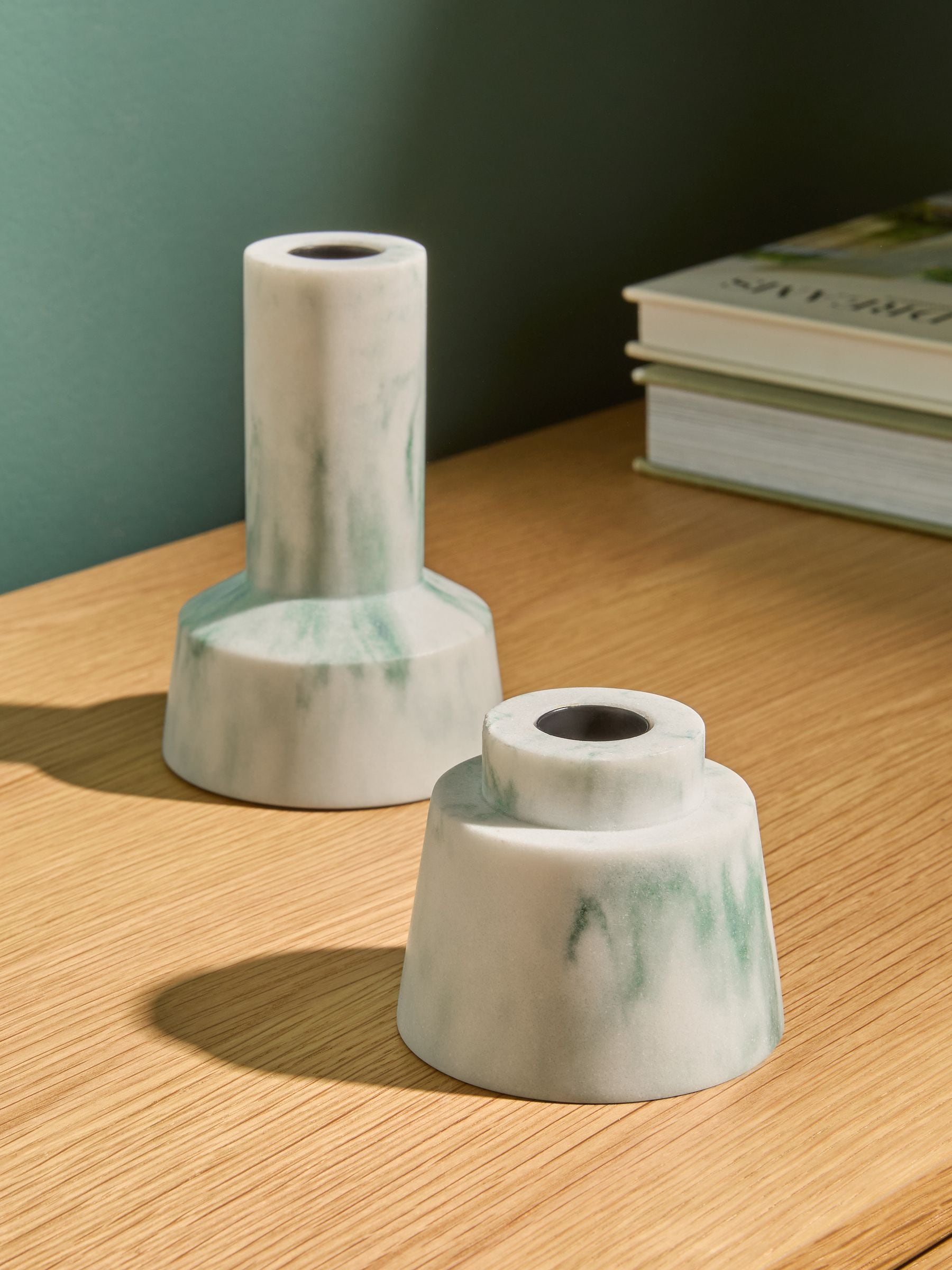 MADE.COM marbled teal taper candle holders set of 2, imported from the UK