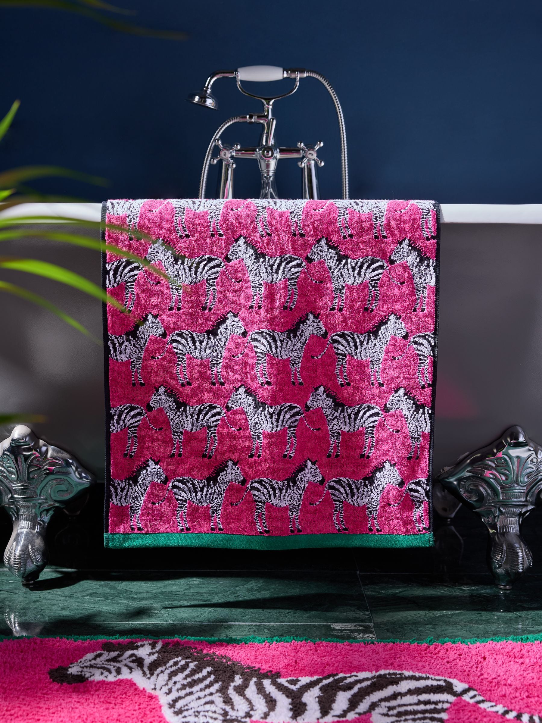 Pink Zebra cotton towels with zebra print, imported from the UK