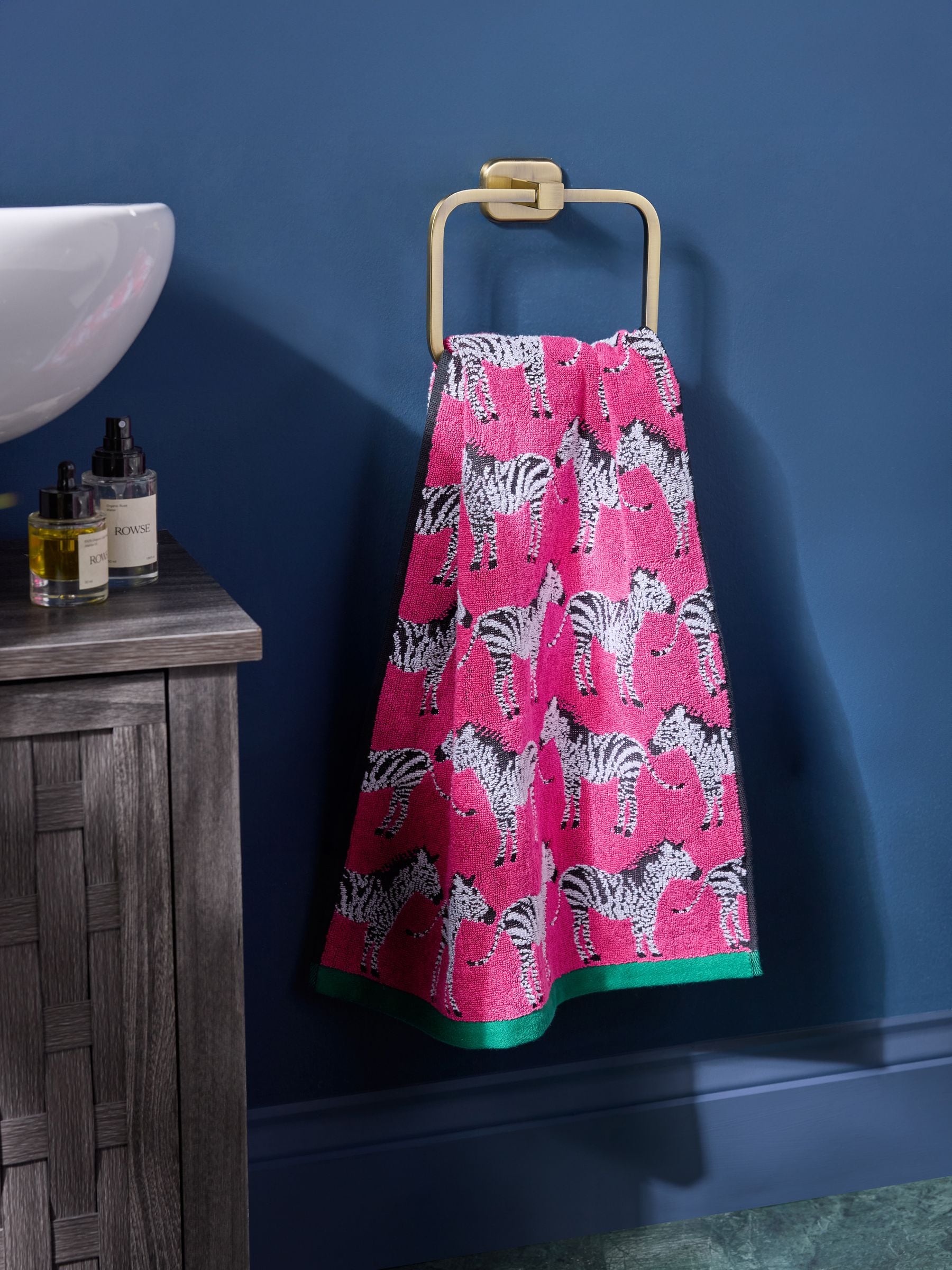 Pink Zebra cotton towels with zebra print, imported from the UK