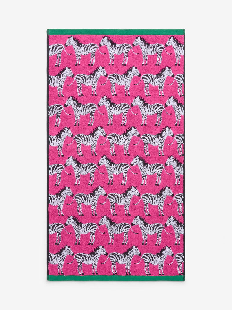 Pink Zebra cotton towels with zebra print, imported from the UK