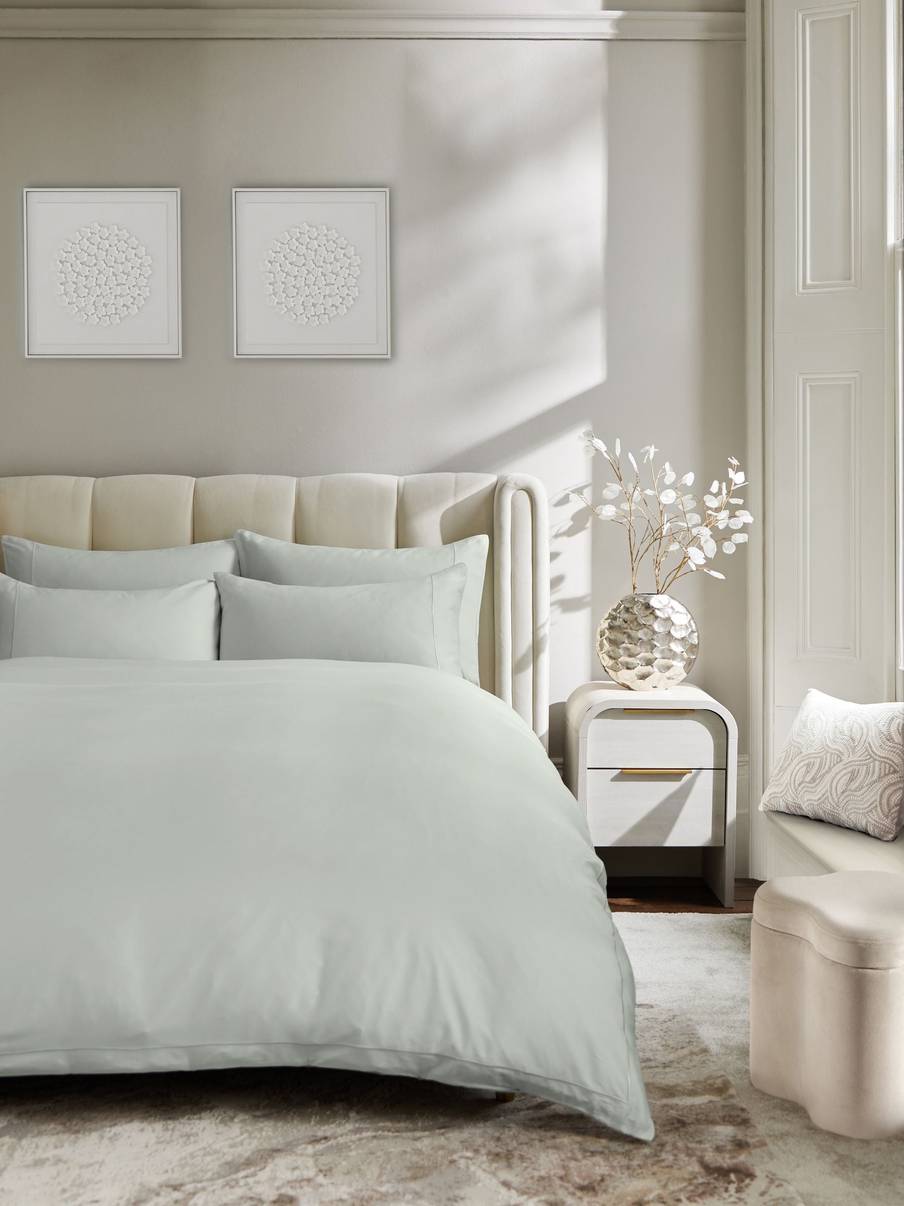 Pale sage green duvet cover and pillowcase set, imported from the UK