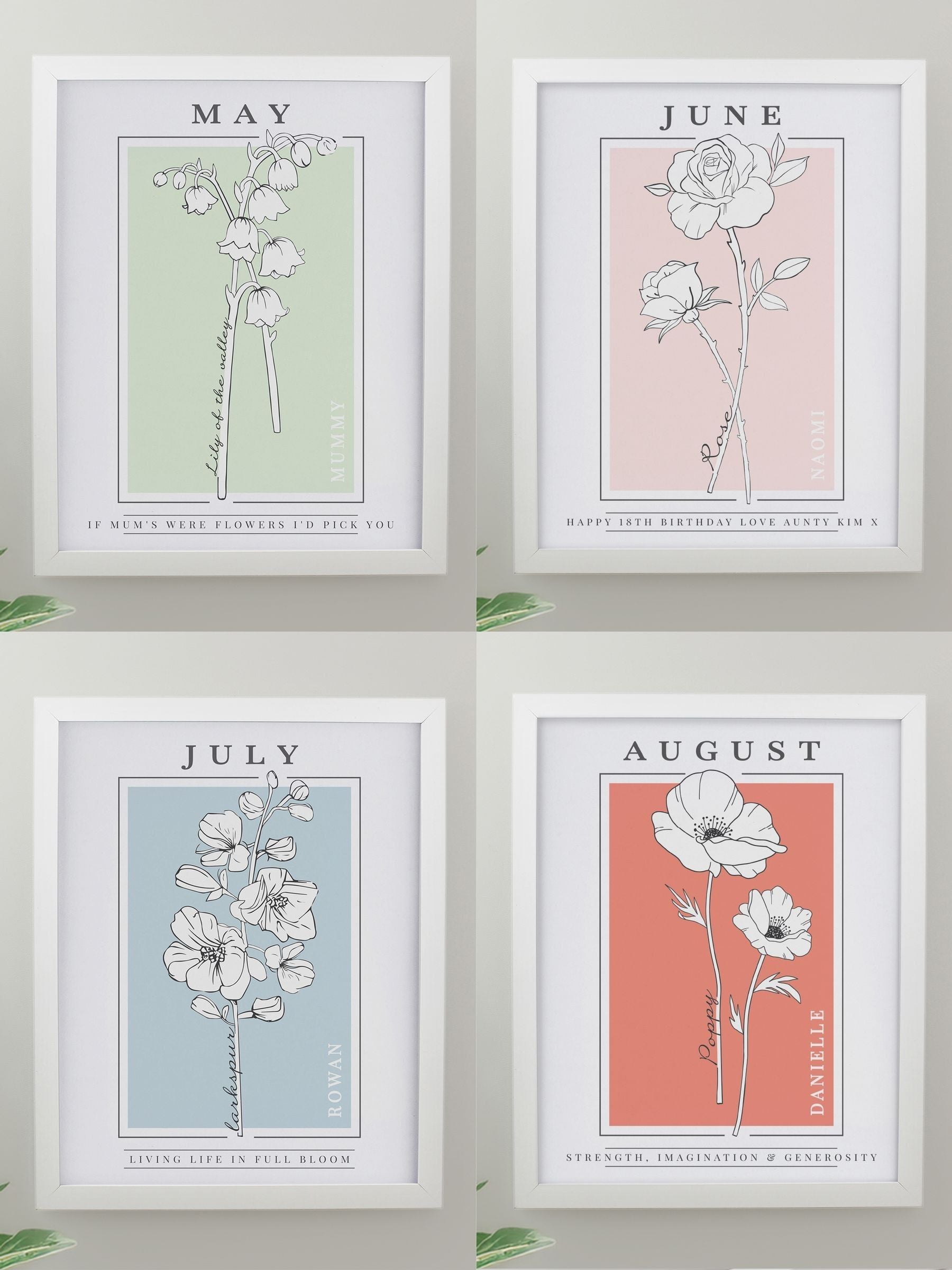 PMC birth flower A4 framed print, imported from the UK