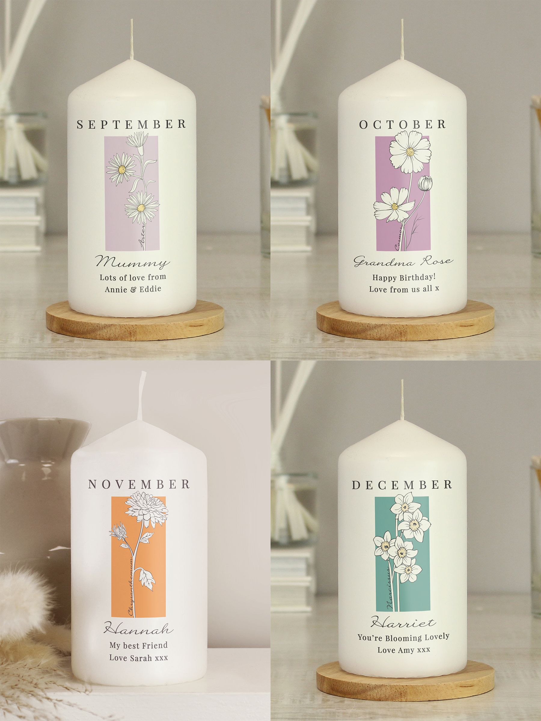 PMC birth flower pillar candle with personalisation, UK version