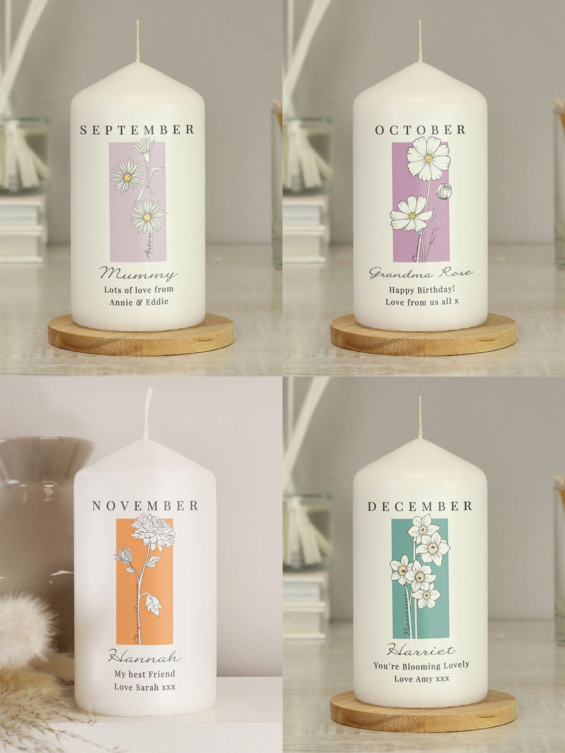 PMC birth flower pillar candle with personalisation, UK version