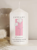 PMC birth flower pillar candle with personalisation, UK version