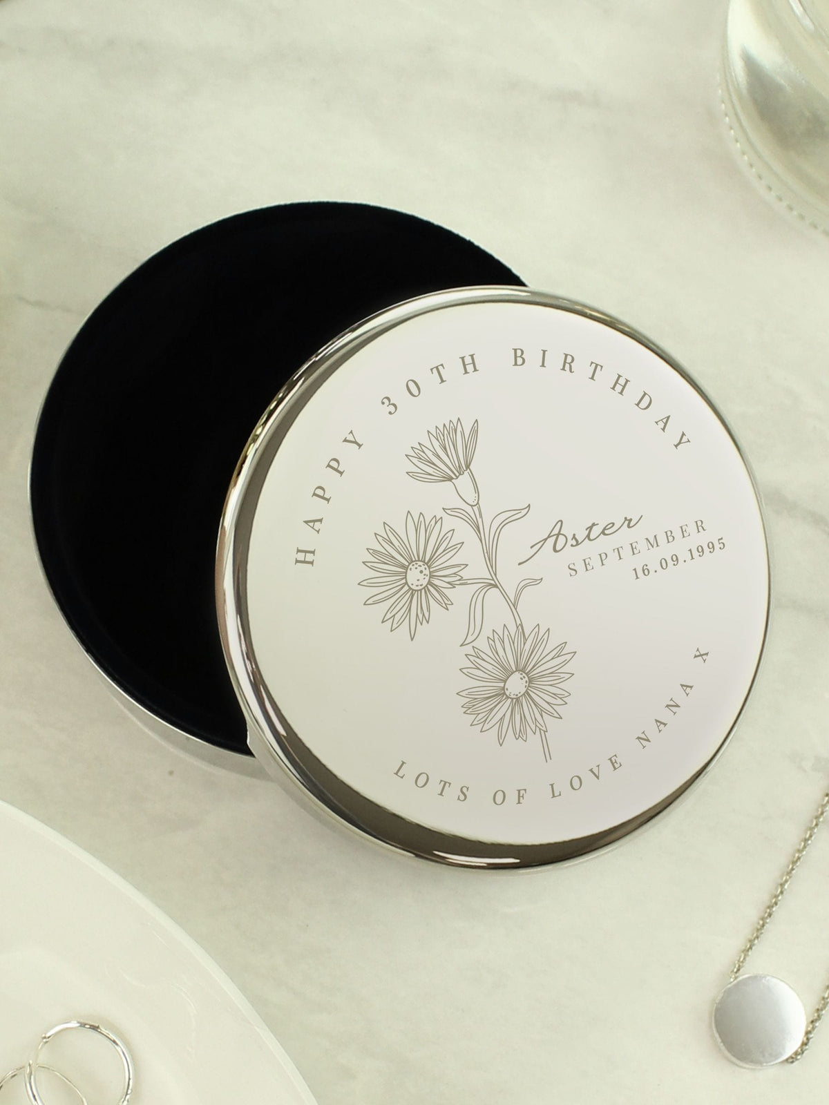 PMC personalised September birth flower round trinket box 8.7cm - British product