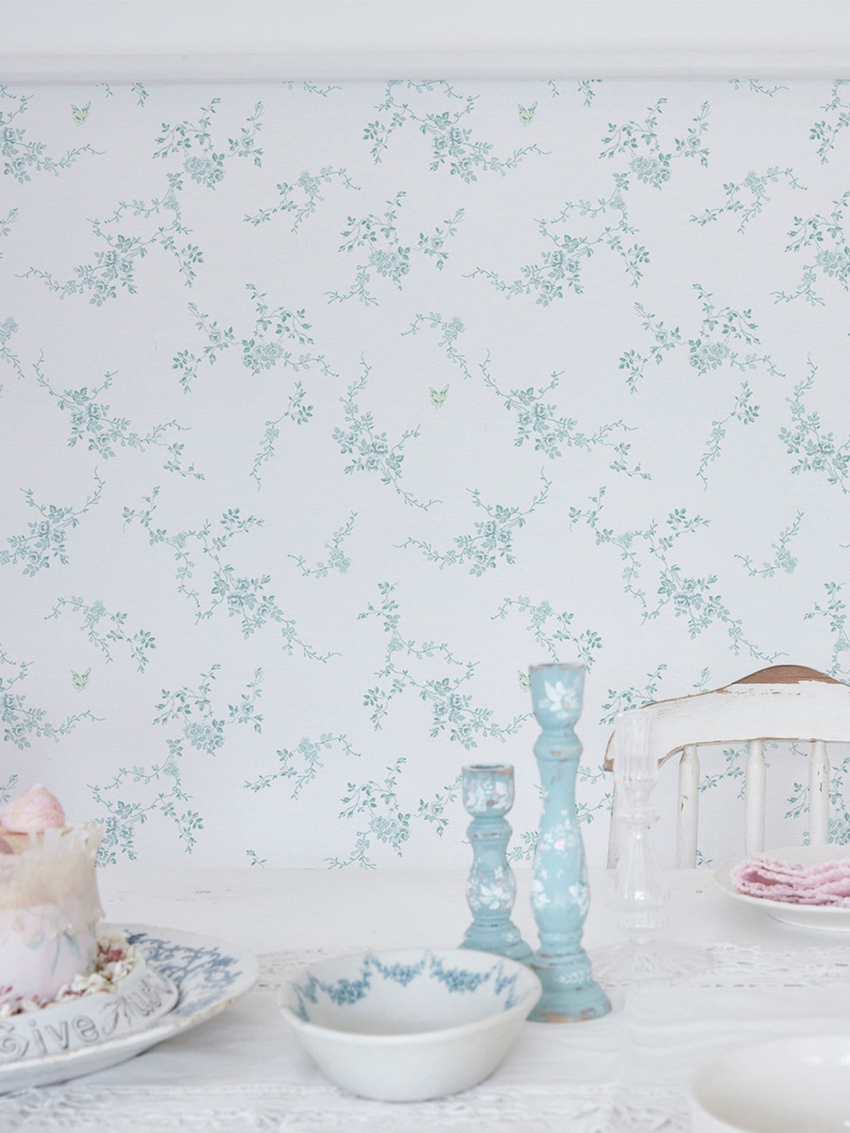 Shabby Chic Duck Egg Butterflies wallpaper 10m roll, imported from the UK