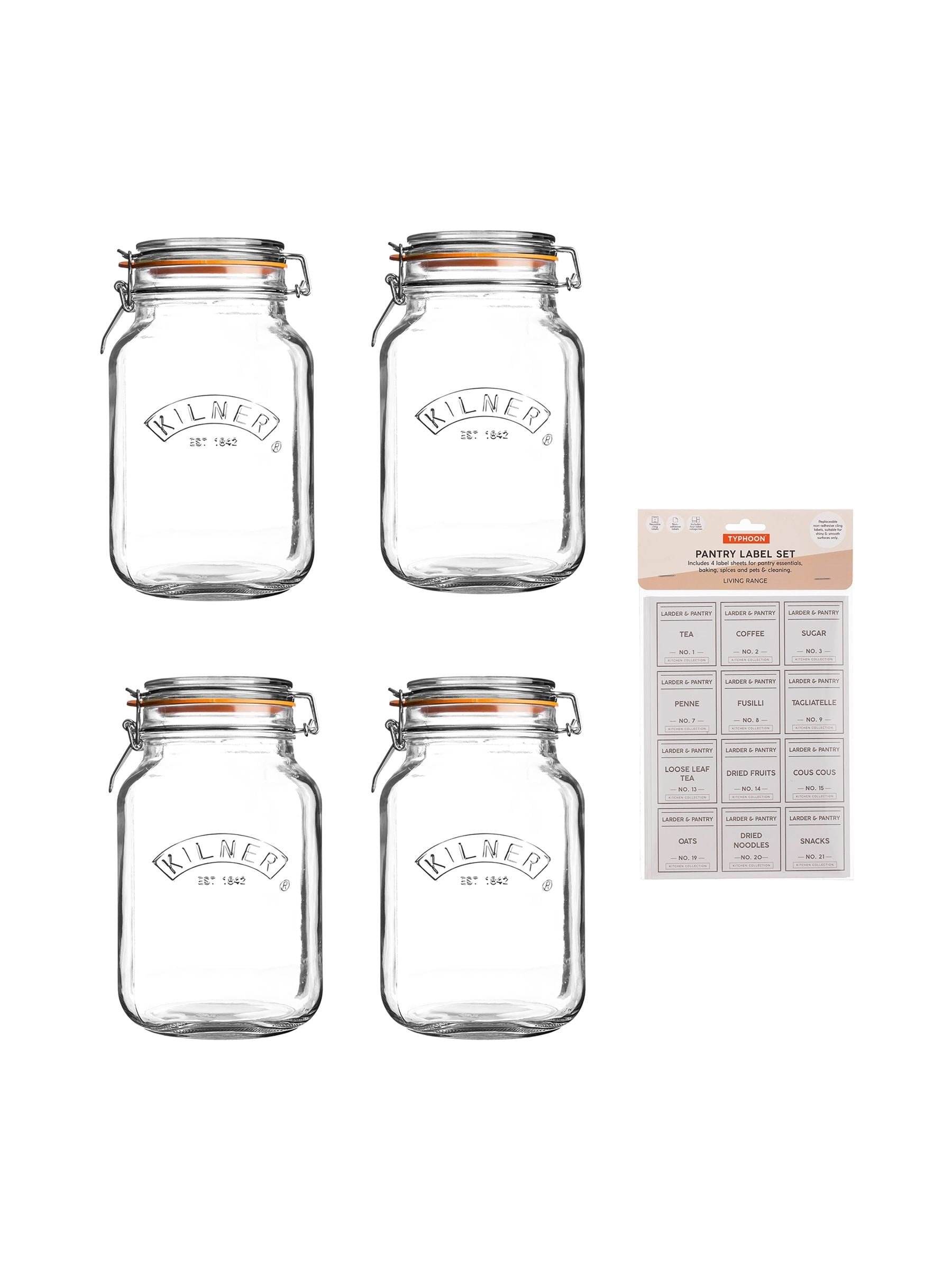 Kilner 1.5L square clip top jars and pantry labels set, UK version
