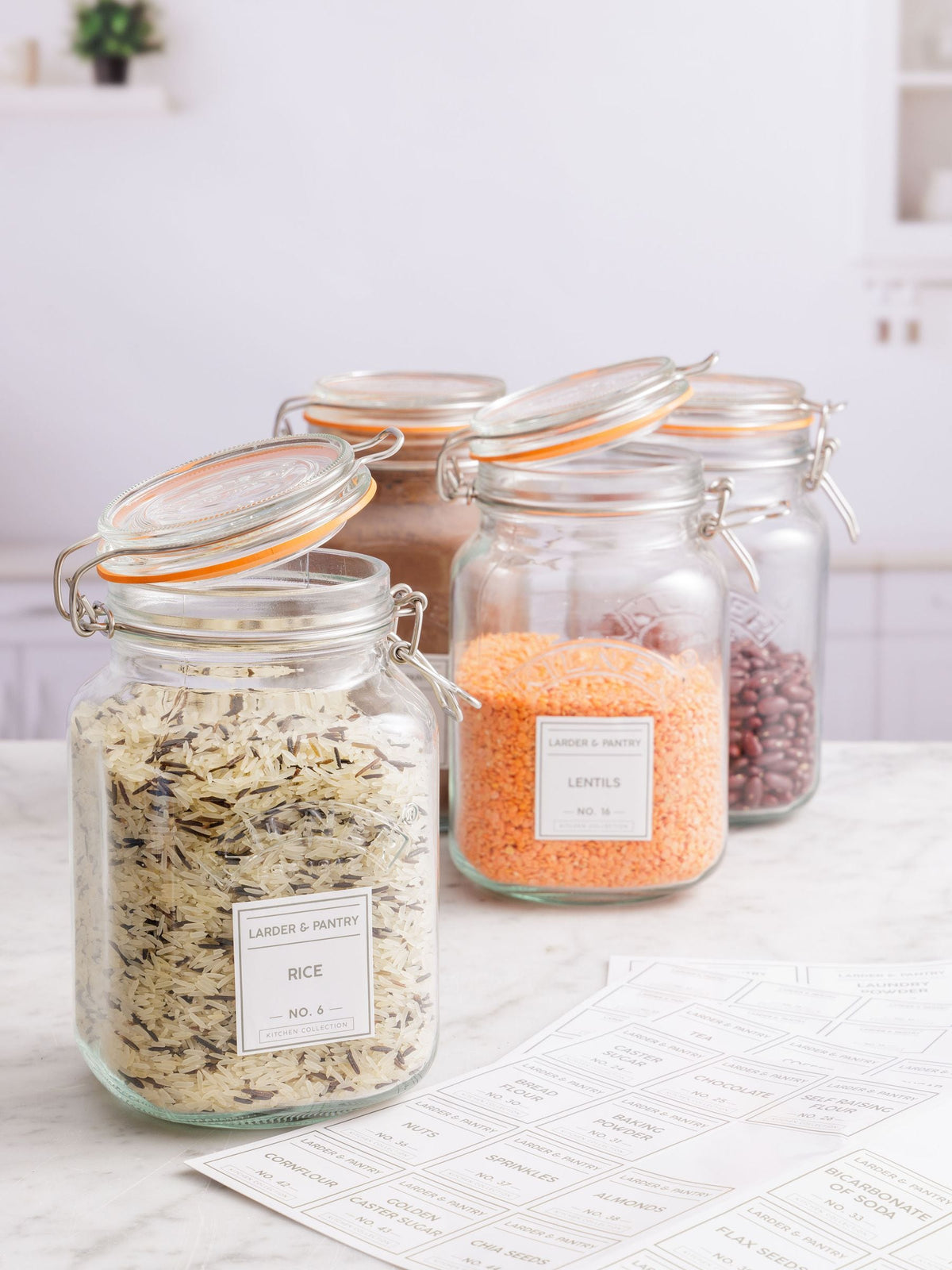 Kilner Clear 1.5L Square Clip Top Jars And Pantry Labels Set of 4