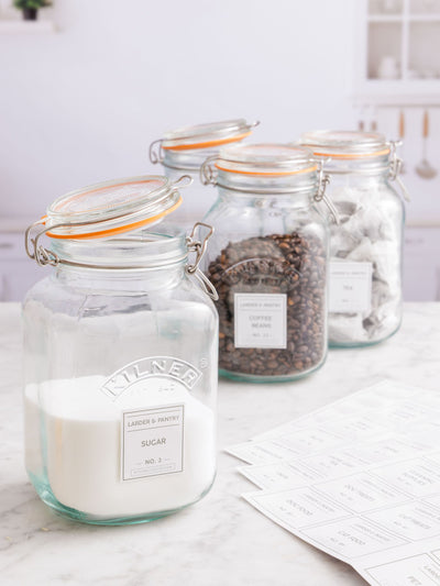 برطمانات حفظ Kilner Square Clip Top شفافة مع ملصقات مخزن، مجموعة 2 لتر، 3 برطمانات