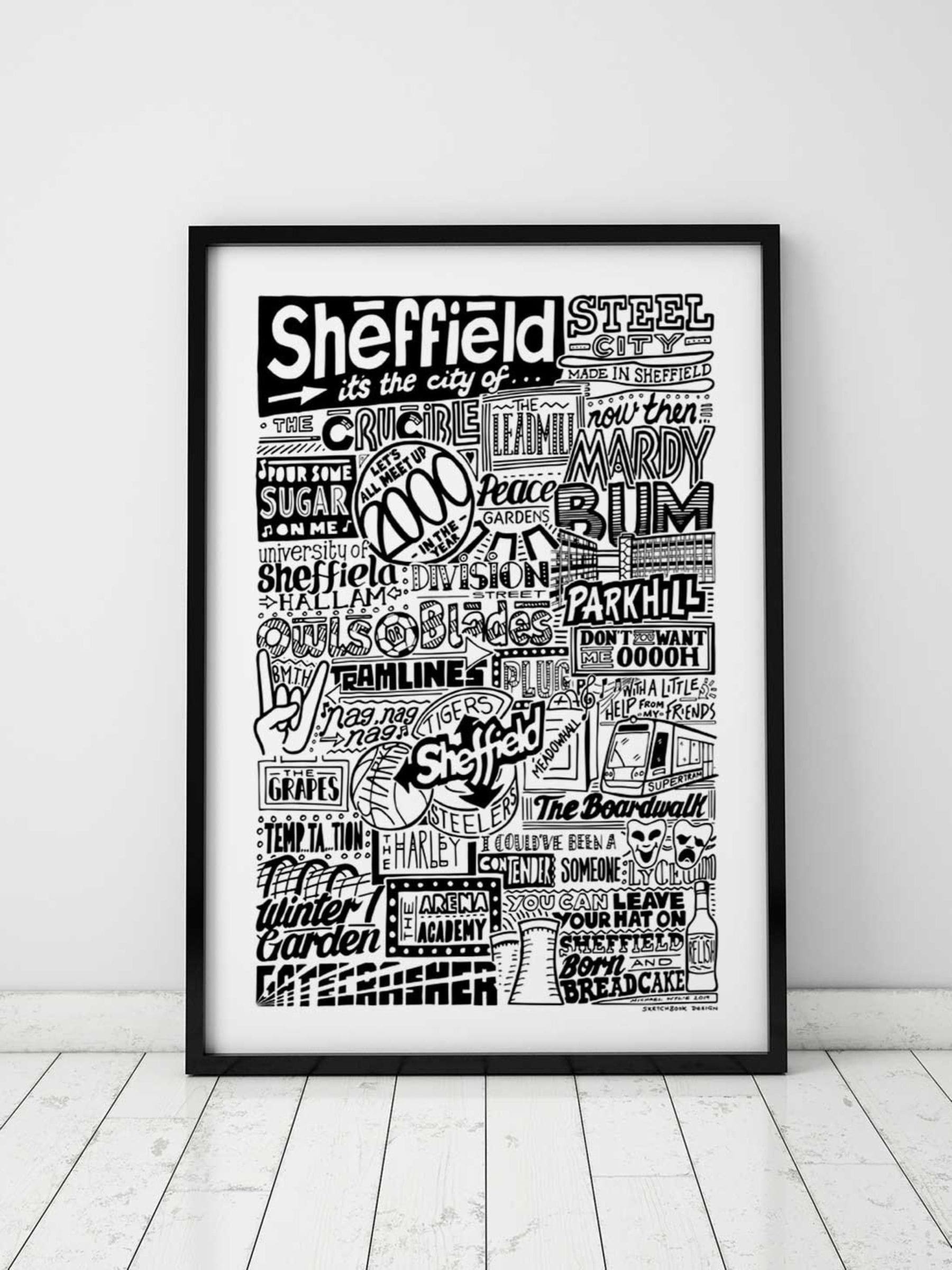 Sketchbook Design framed wall art Sheffield landmarks illustration A3 - British product