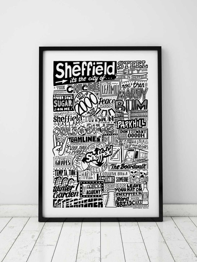 Sketchbook Design framed wall art Sheffield landmarks illustration A3 - British product