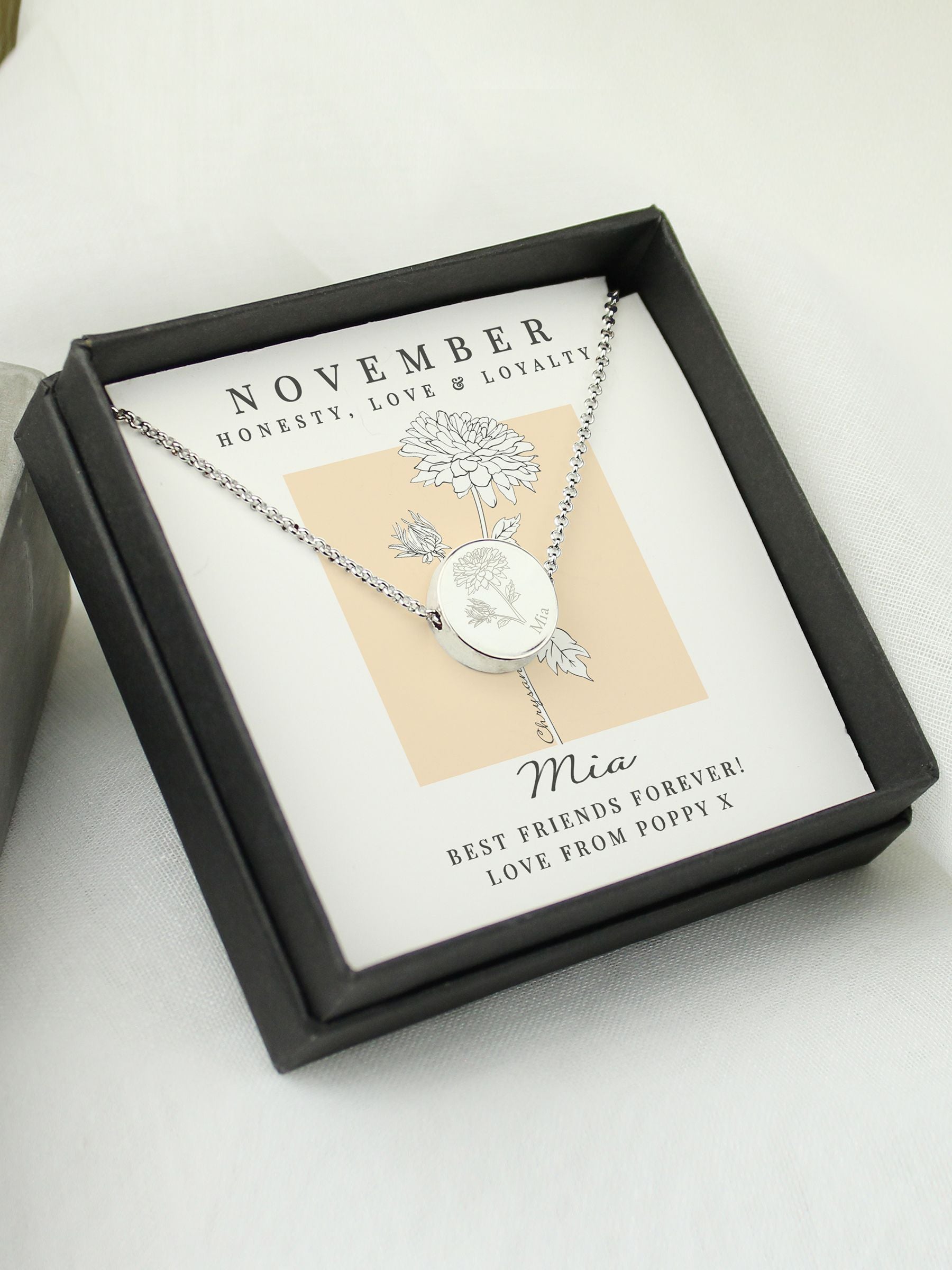 PMC November birth flower necklace personalisable, imported from the UK