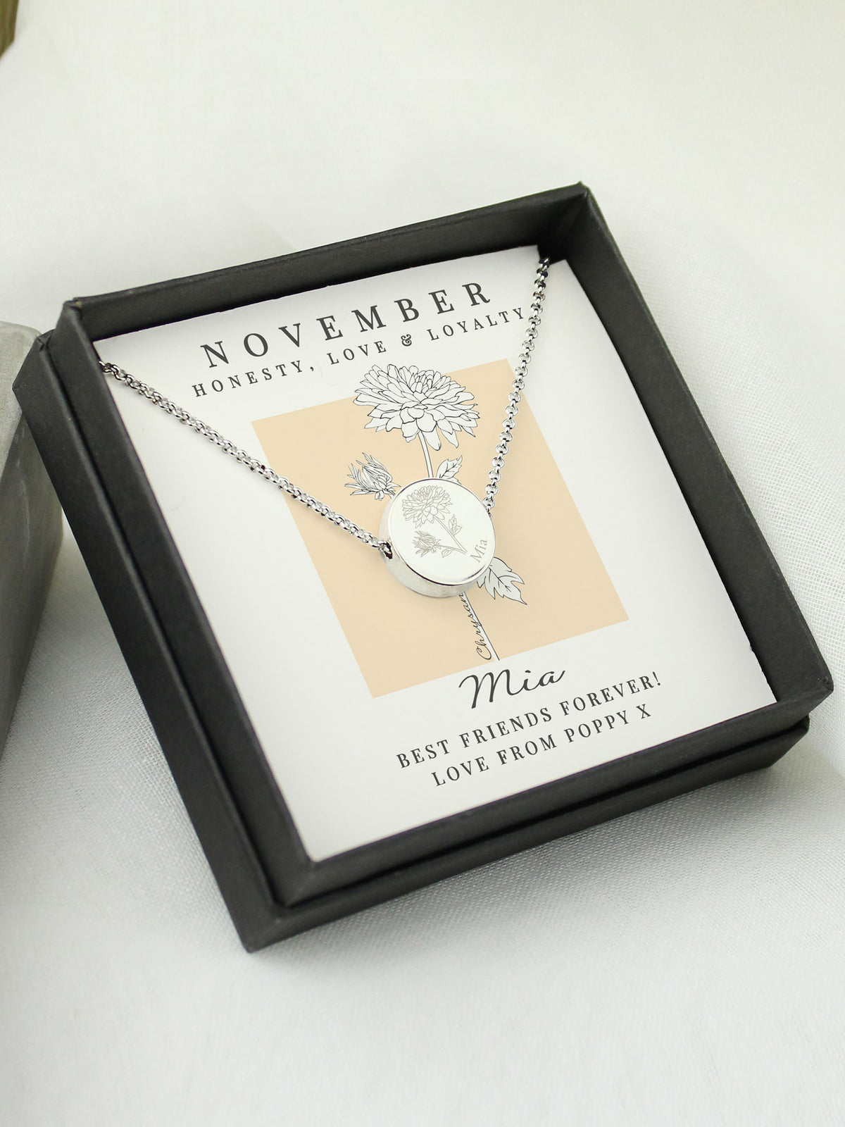 PMC November birth flower necklace personalisable, imported from the UK
