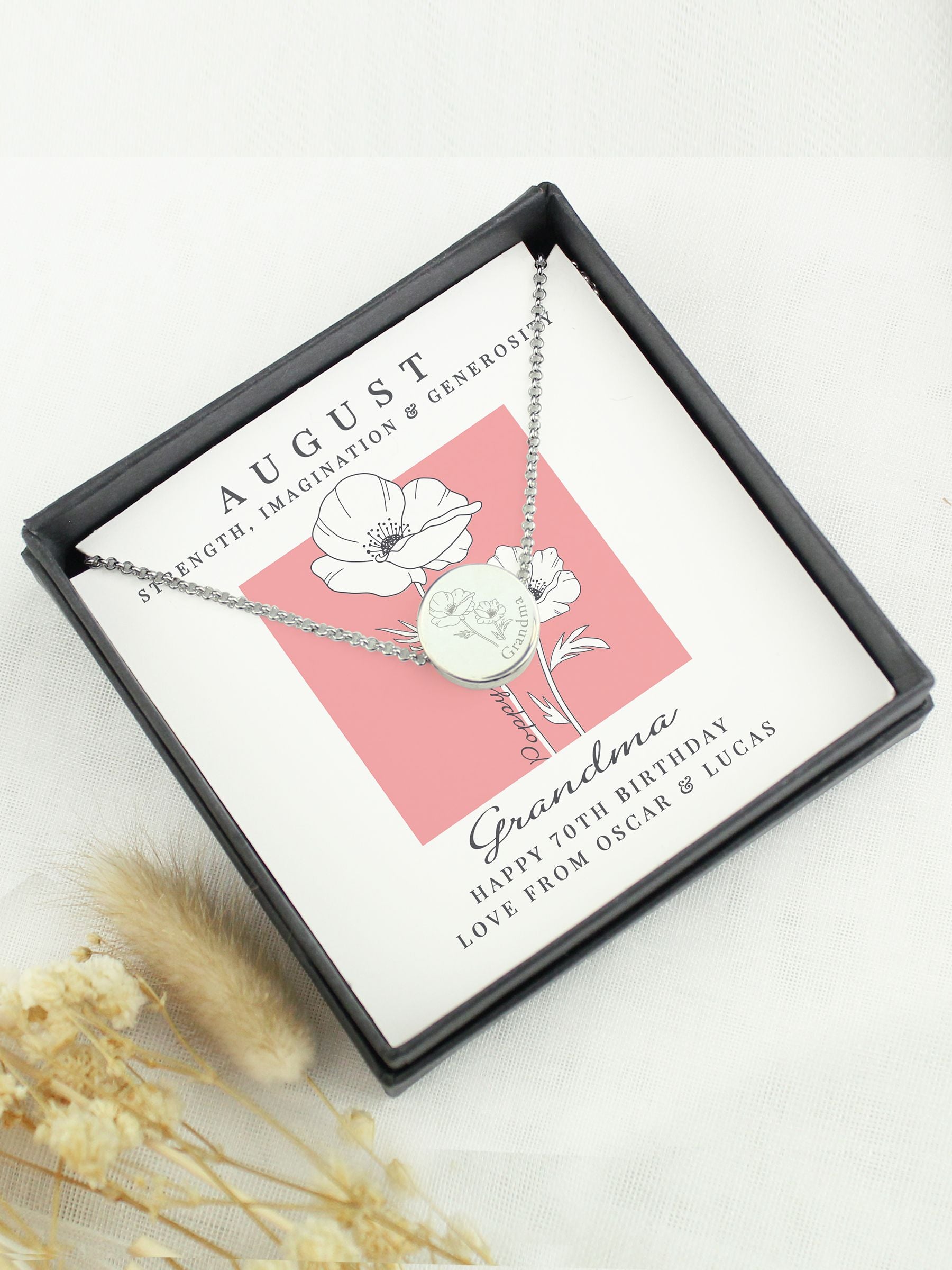 PMC personalised August birth flower necklace, UK version